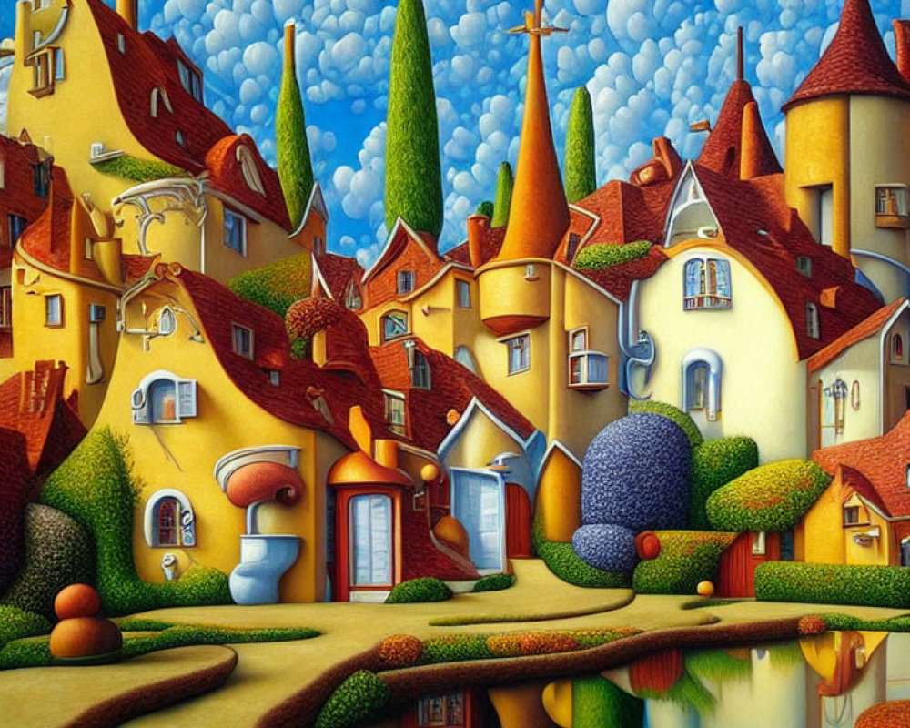 Colorful surreal painting of whimsical village and pond reflection