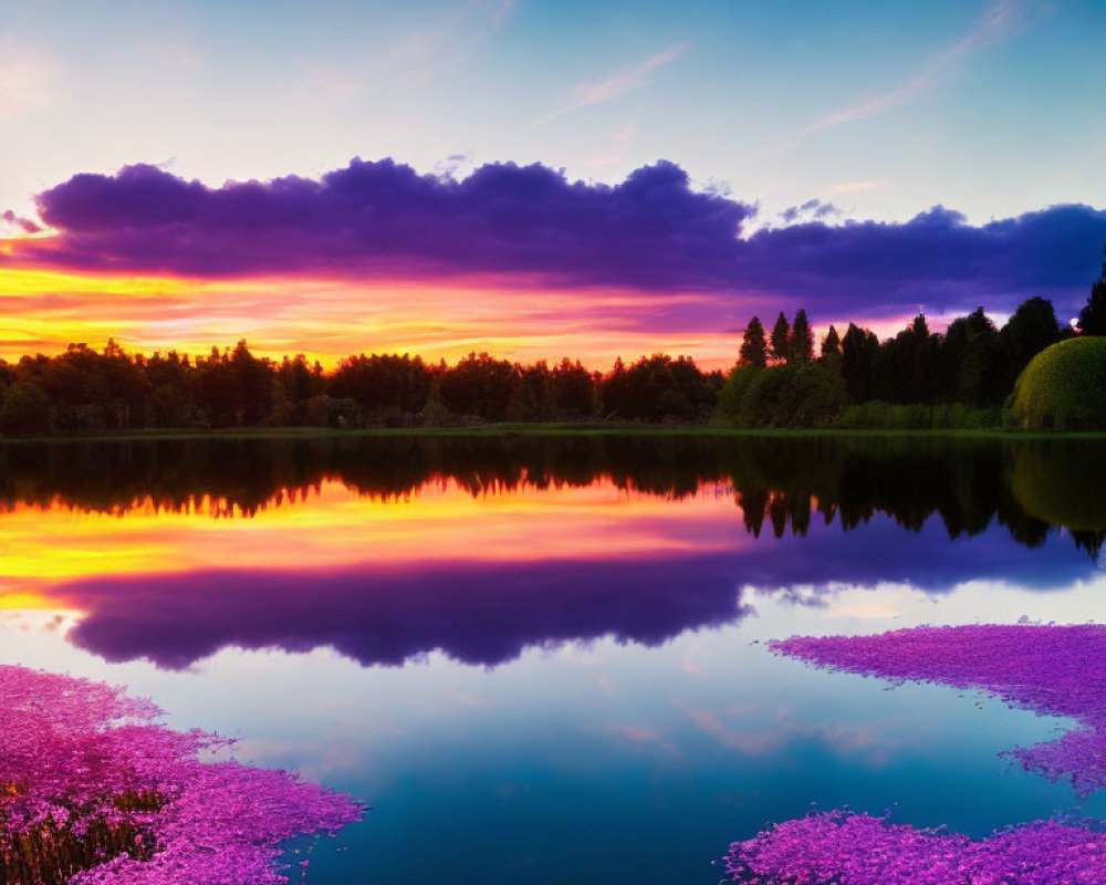 Tranquil lake at sunset with pink and blue hues reflected, surrounded by trees and pink water l