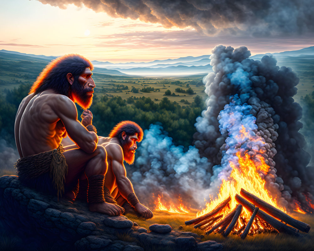 Prehistoric humans by bonfire at dusk with mountains and clouds.