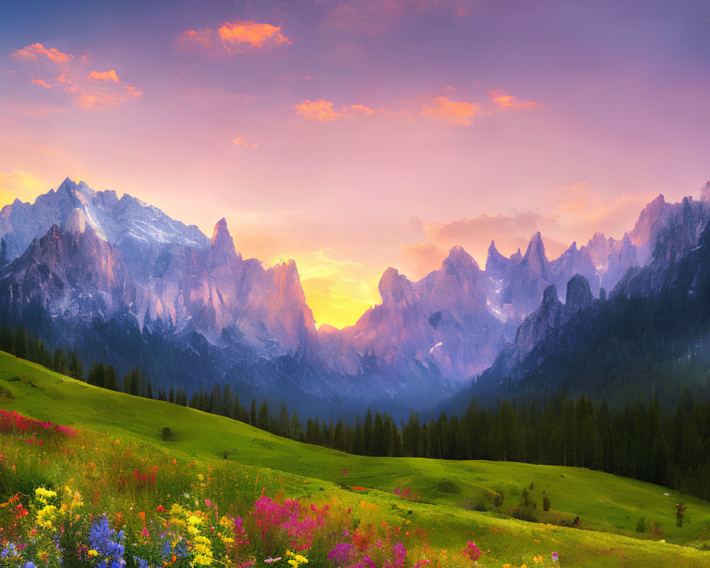 Colorful sunset over mountain range and wildflower meadow under dramatic sky