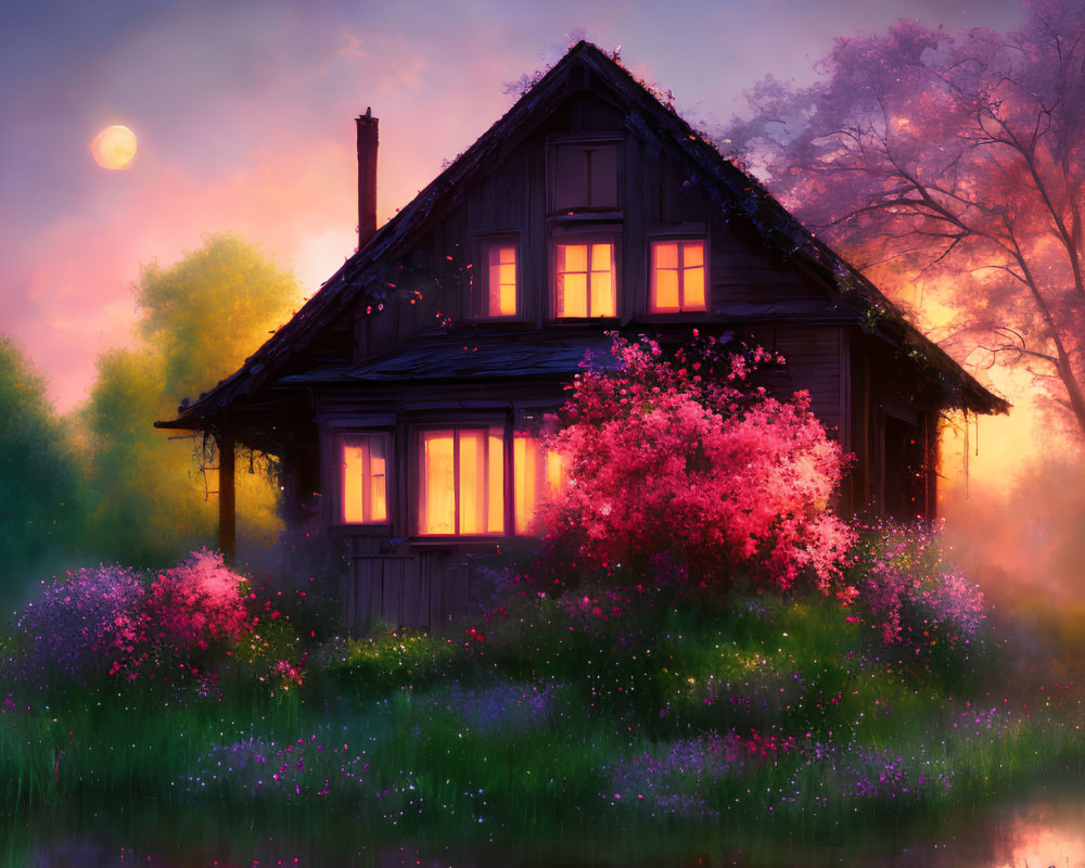 Cozy Wooden Cottage Surrounded by Pink Flowers at Twilight