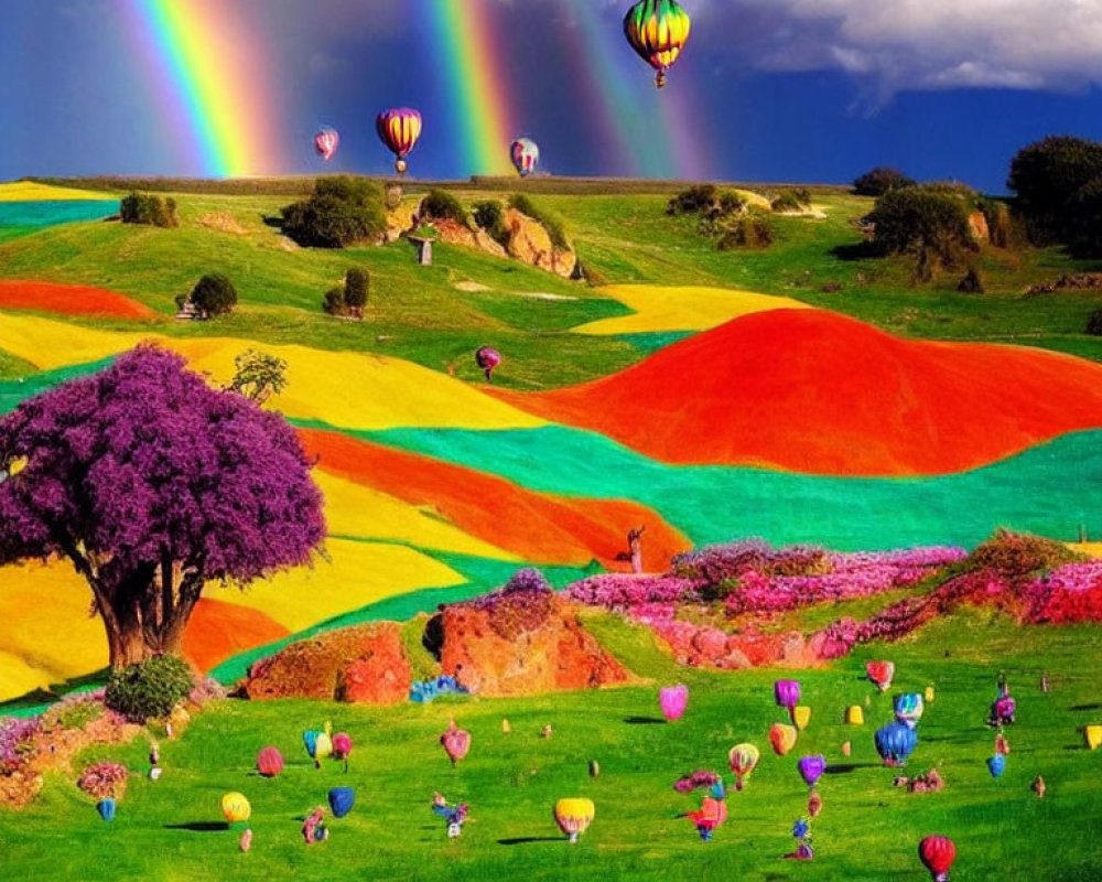 Colorful landscape with flowers, hot air balloons, and double rainbow