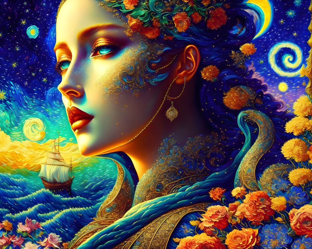 Colorful illustration: Woman with blue skin in celestial floral pattern, cosmic background with sailing ship