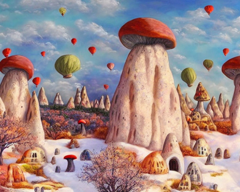 Colorful surreal landscape with mushroom structures and whimsical houses