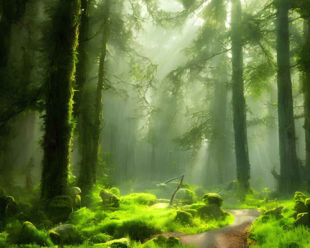 Sunlit forest with towering trees and green moss