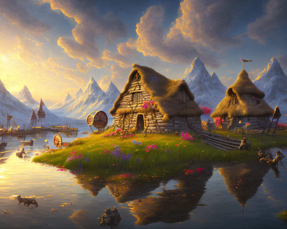 Tranquil fantasy village with thatched-roof cottages, mountains, lake, flowers, animals