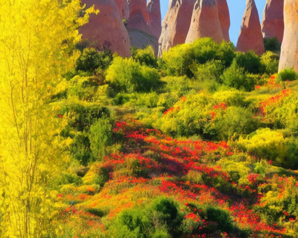 Colorful landscape with yellow trees, red flowers, and unique rock formations