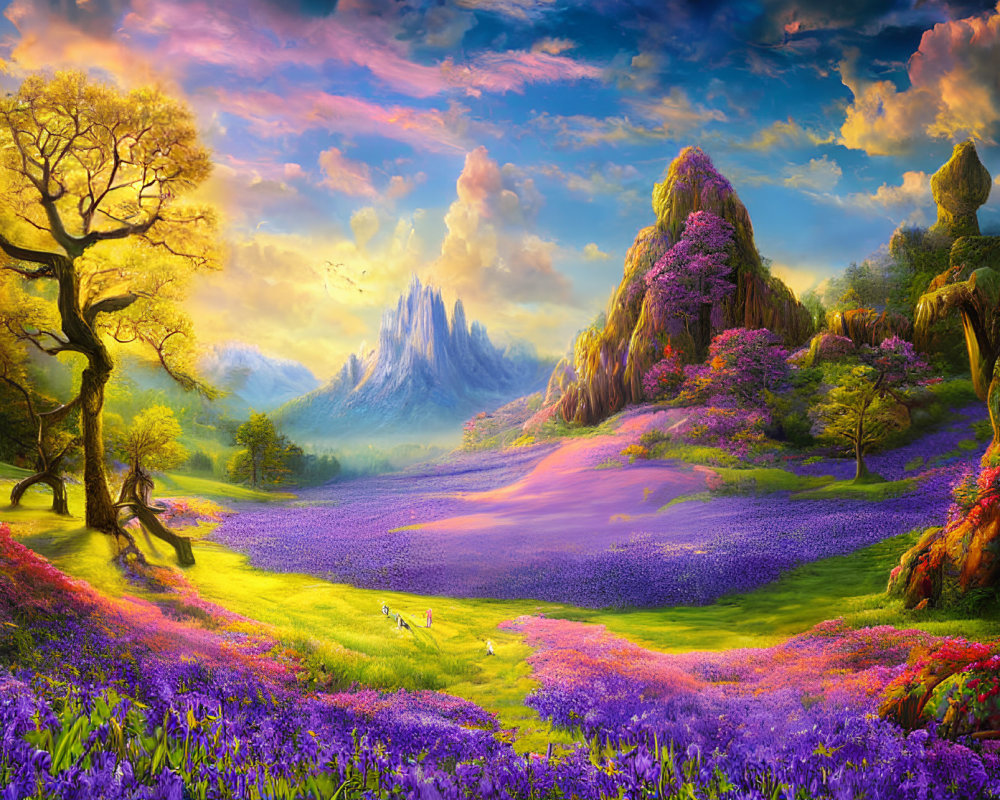 Colorful fantasy landscape with purple flower field, lush trees, & towering mountains.