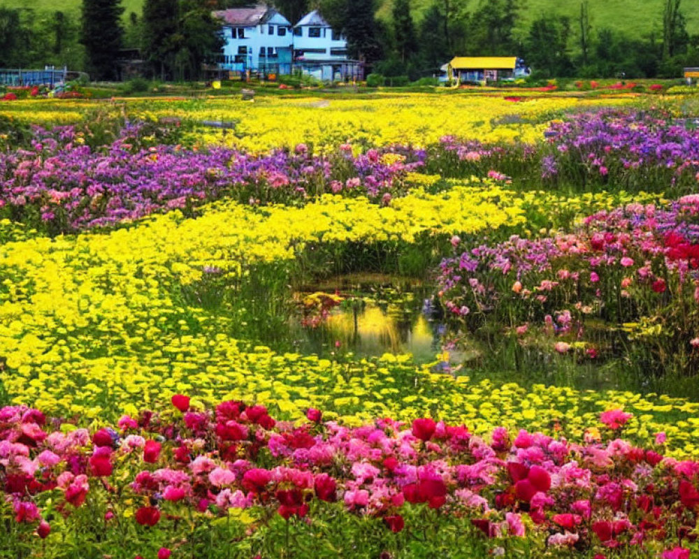 Colorful Flower Bloom Adorning Quaint House Amid Green Hills