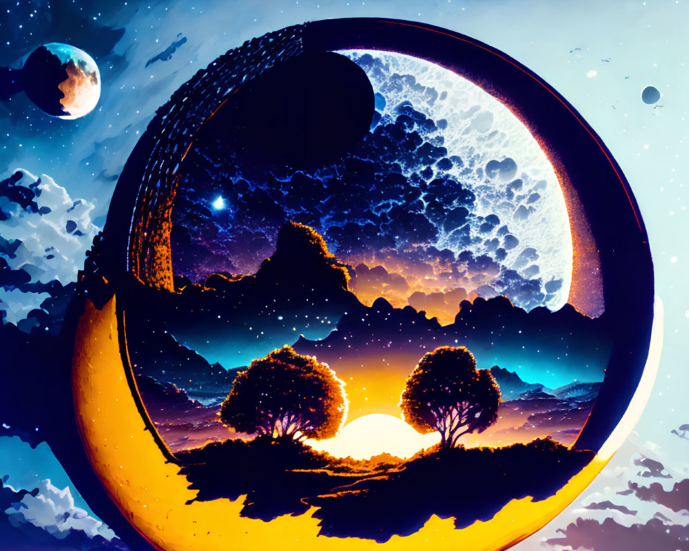 Surreal landscape with sunset, silhouetted trees, and celestial bodies in digital artwork