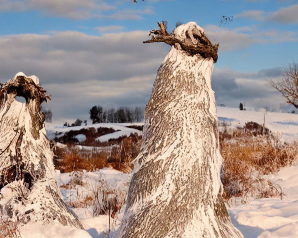 Weathered tree stumps in snowy field under warm sunlight