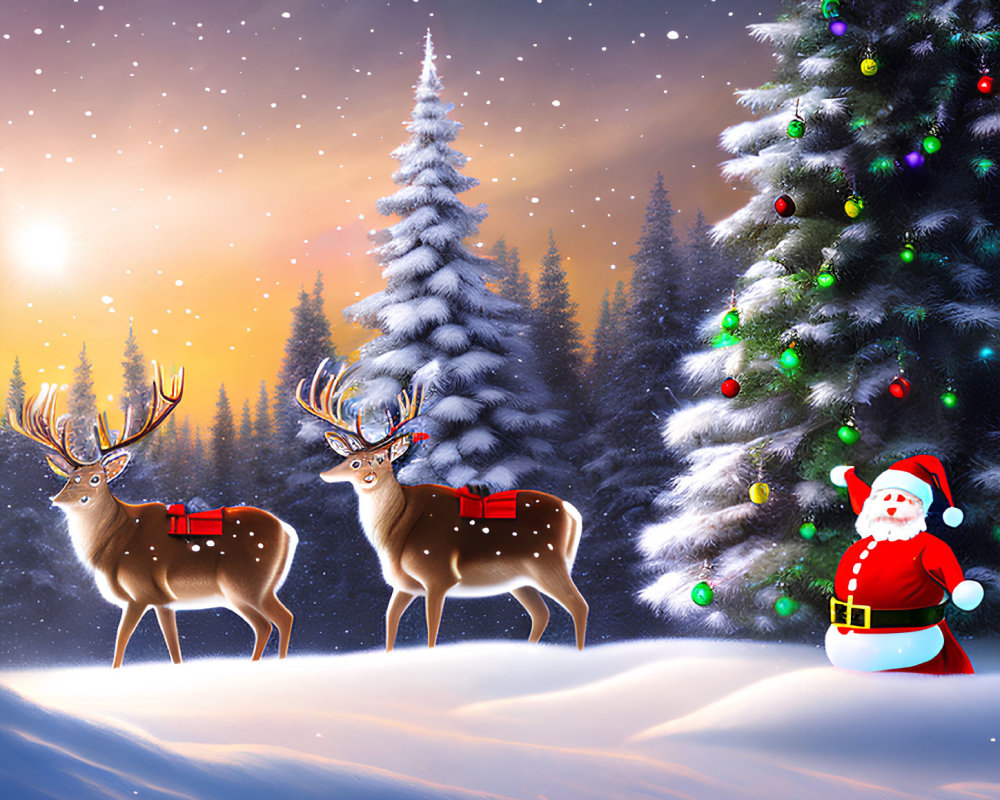 Reindeer, Christmas tree, and Santa in snowy twilight scene