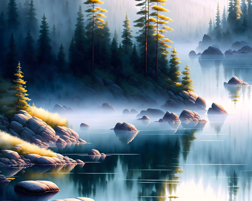 Serene lake at dawn/dusk with mist, forest, mountains, tall trees, and rocks reflected