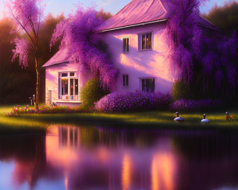 Tranquil two-story house with blooming wisteria and pond scene