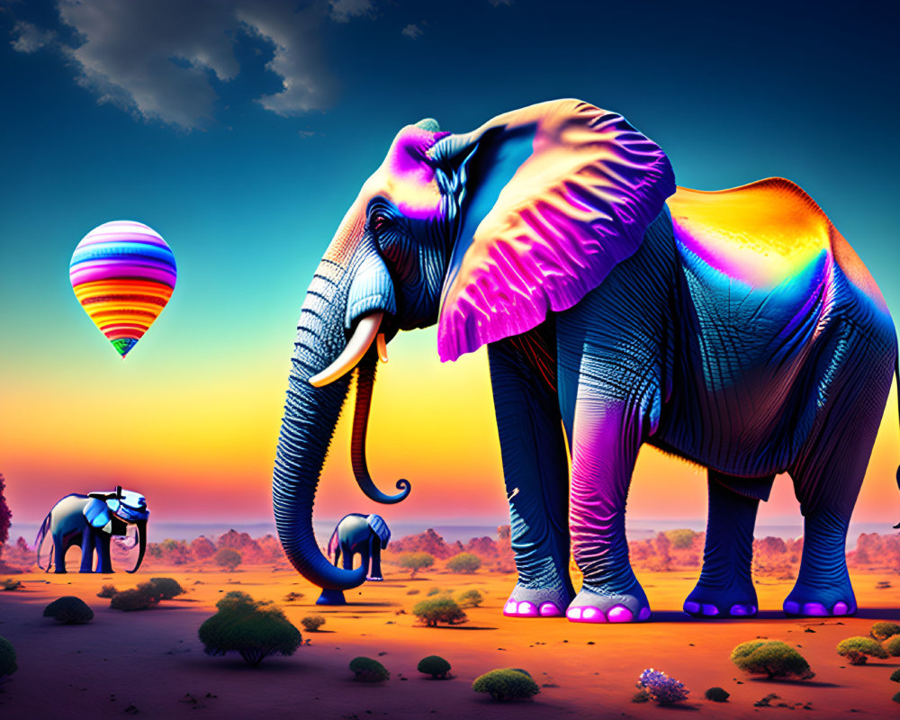 Colorful neon-lit elephants in surreal desert with hot air balloons