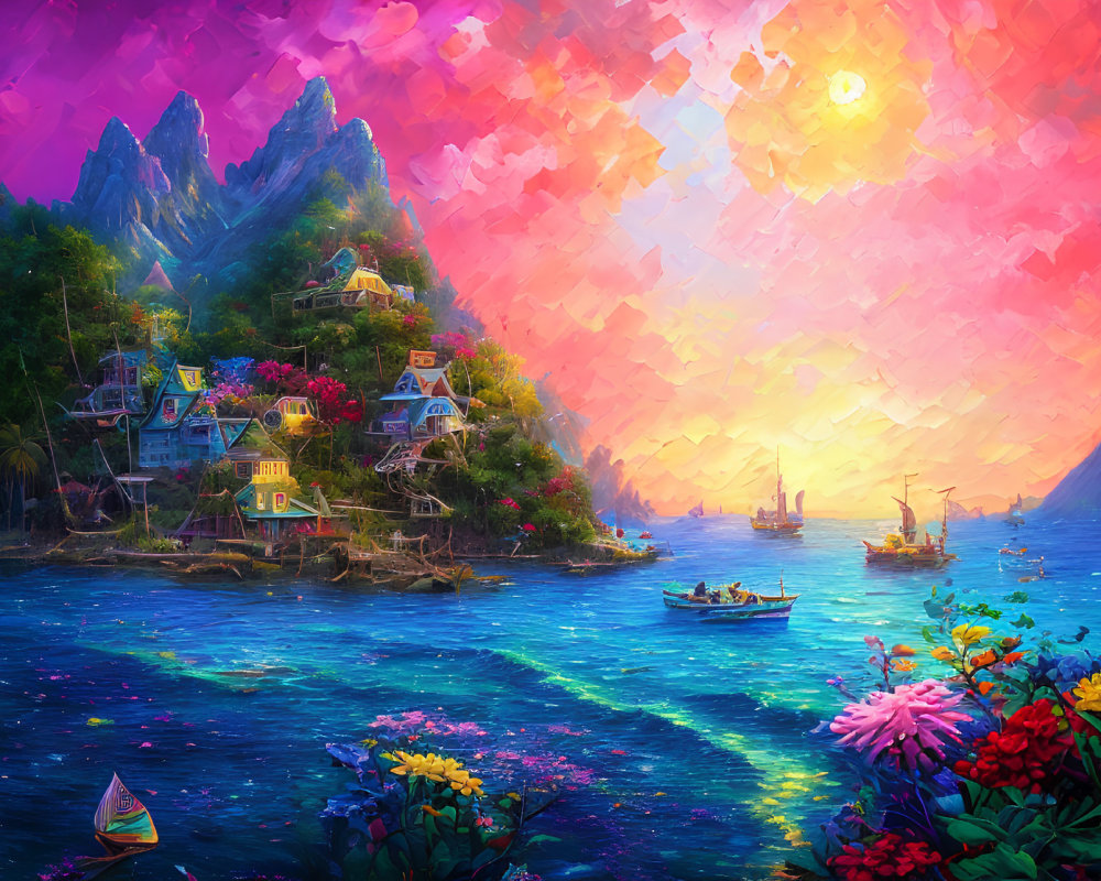 Colorful Seaside Village Landscape with Sunset Sky