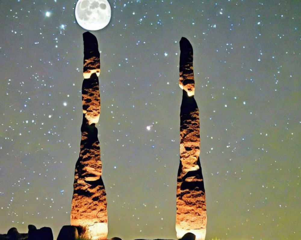 Ancient standing stones under starry sky with full moon