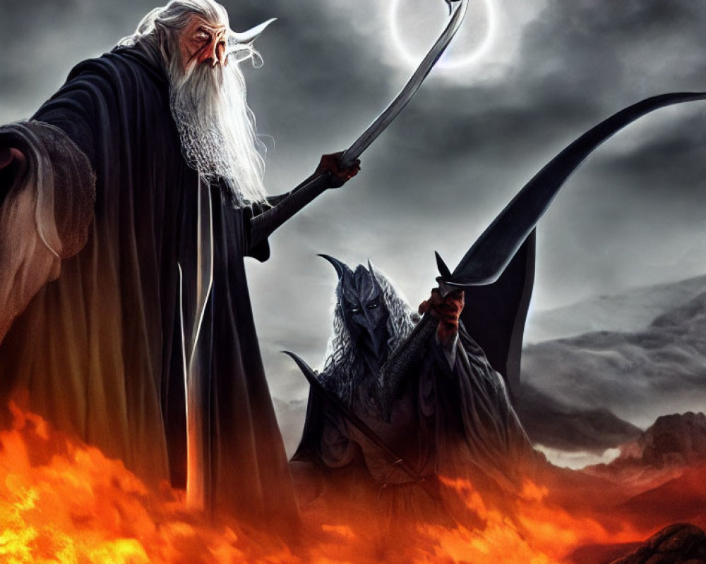 White-bearded wizard confronts hooded figure in fiery landscape