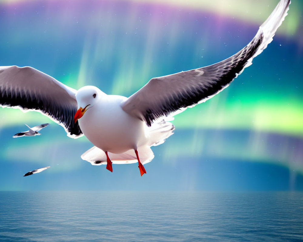 Seagull flying with outstretched wings over colorful northern lights sky