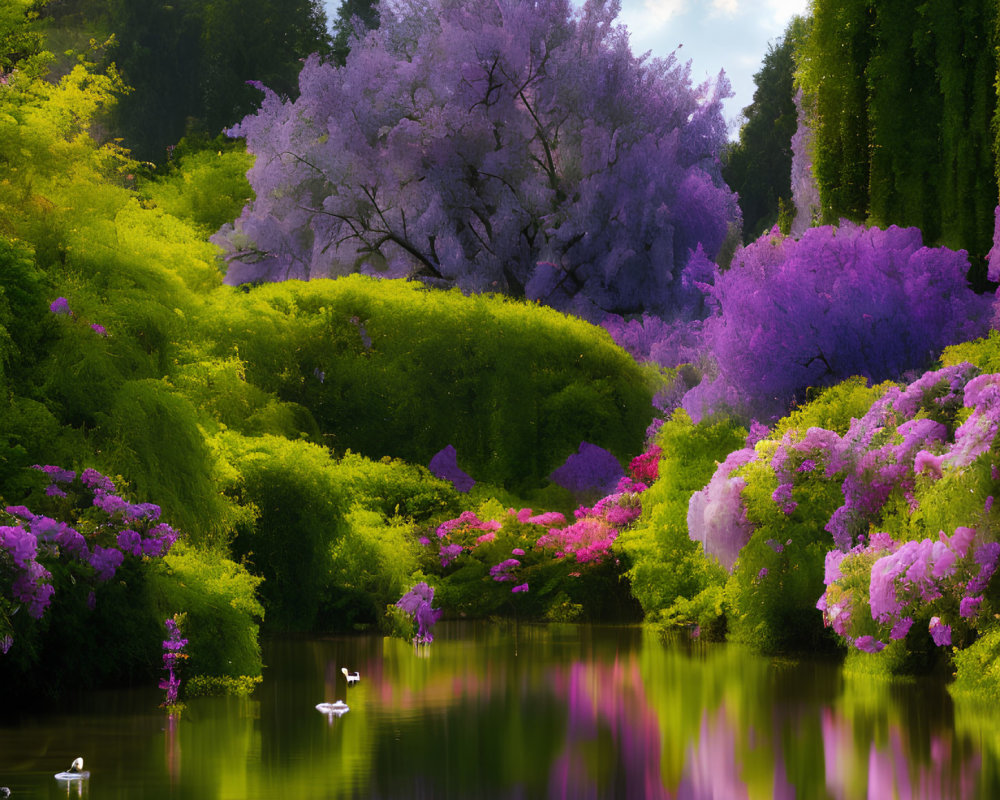 Tranquil pond reflects lush landscape with blooming purple trees under clear sky