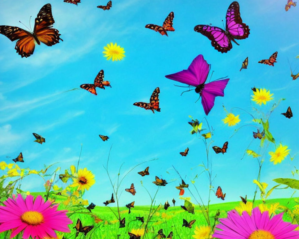 Colorful butterflies fluttering above pink and yellow flowers in a vibrant meadow