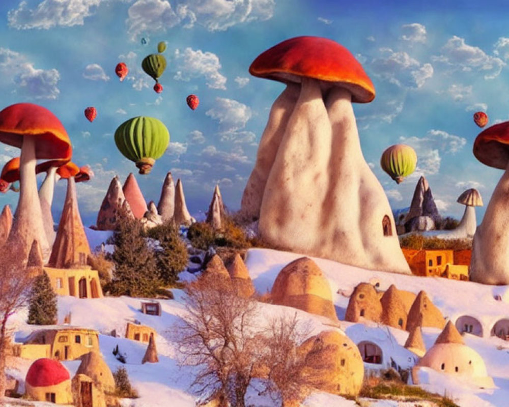 Whimsical landscape with mushroom houses and hot air balloons in blue sky