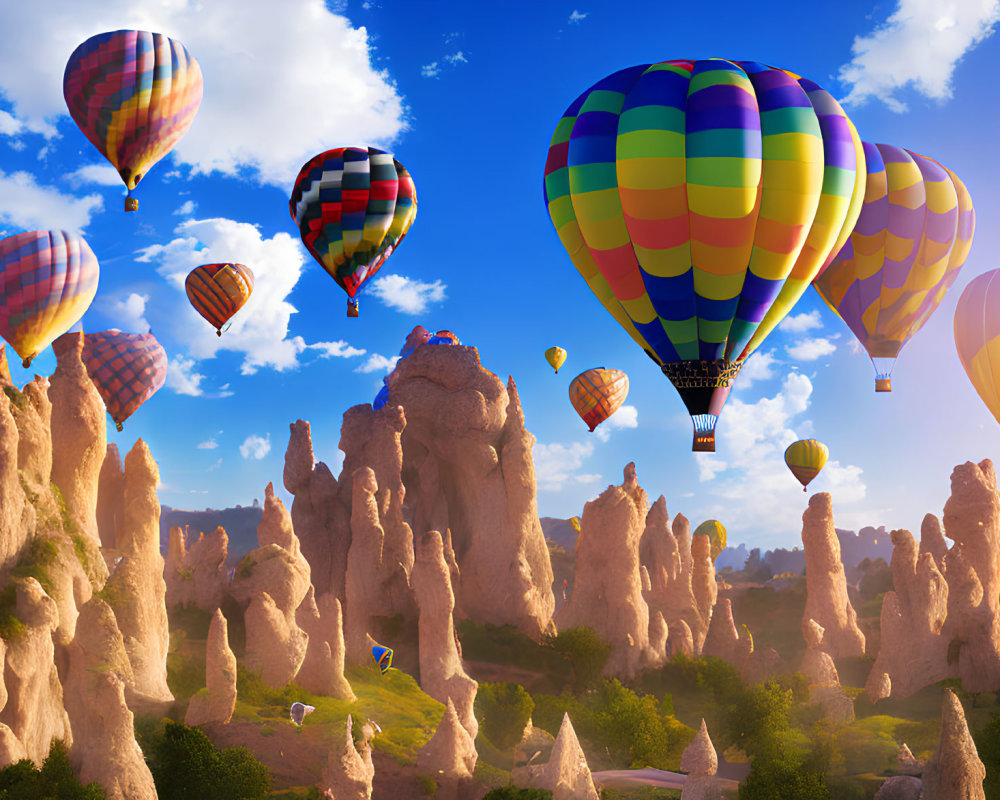 Vibrant hot air balloons soar above rocky spires in blue sky