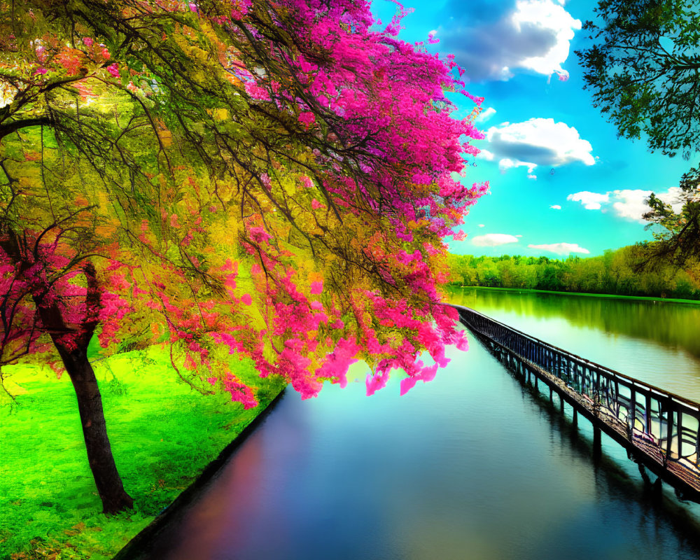 Pink Blossoms Tree Over Tranquil River with Footbridge