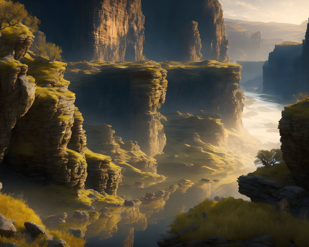 Tranquil landscape with towering cliffs, lush overhangs, meandering river, and soft sunlight