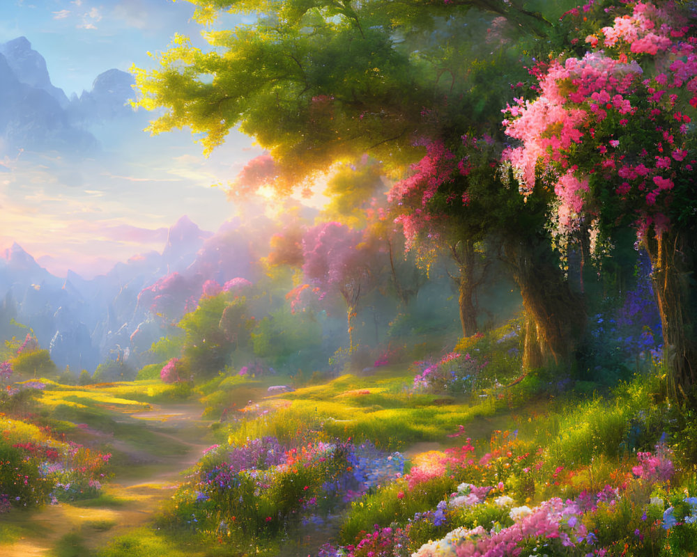 Scenic landscape with sunlit path, pink blossoms, lush flora, and misty mountains