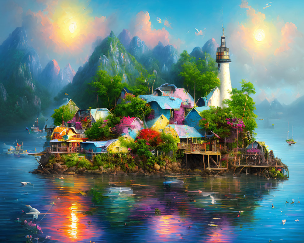 Vibrant fantasy island with lighthouse, mountains, boats, and twin-sun sky