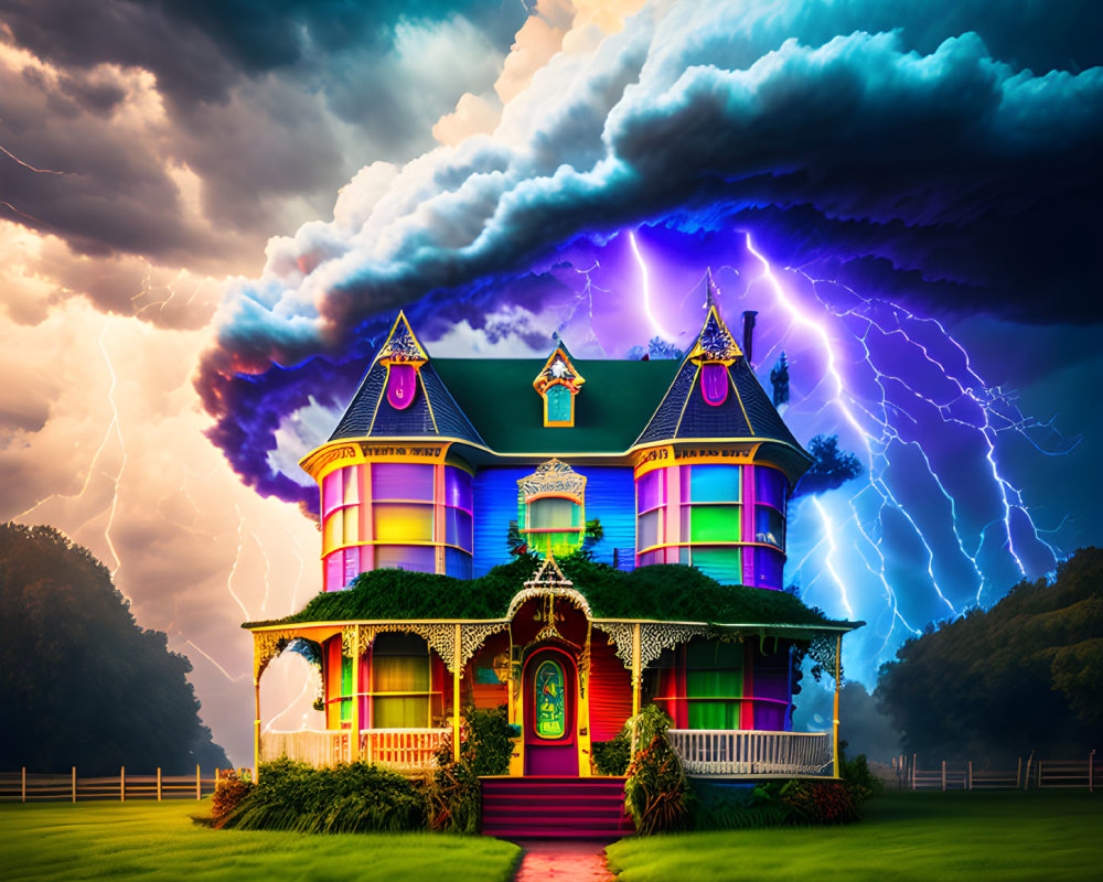 Victorian house with illuminated windows under dramatic stormy sky