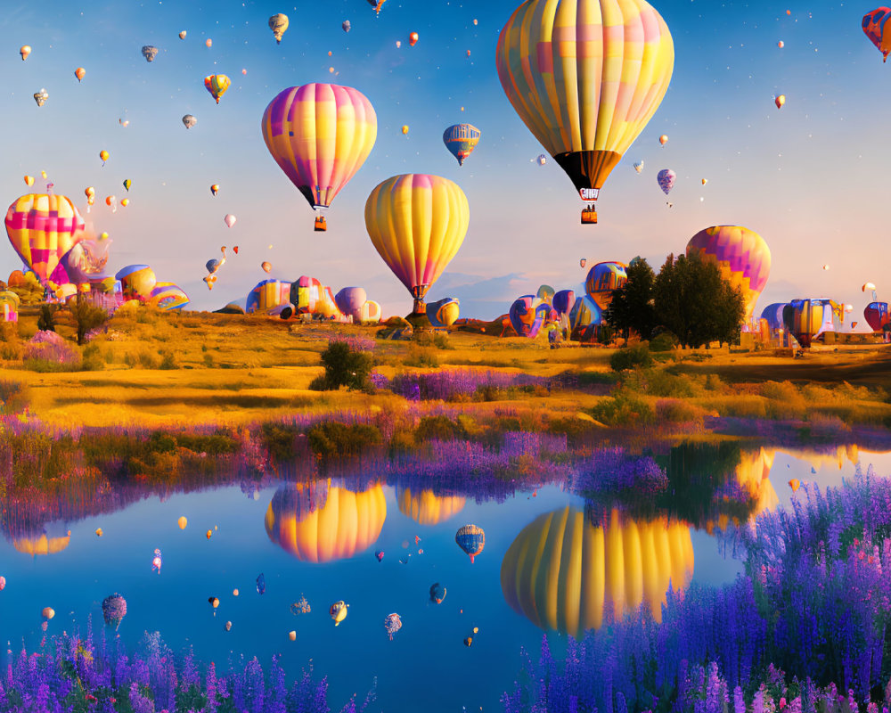 Colorful hot air balloons over vibrant landscape with water and flowers at sunset