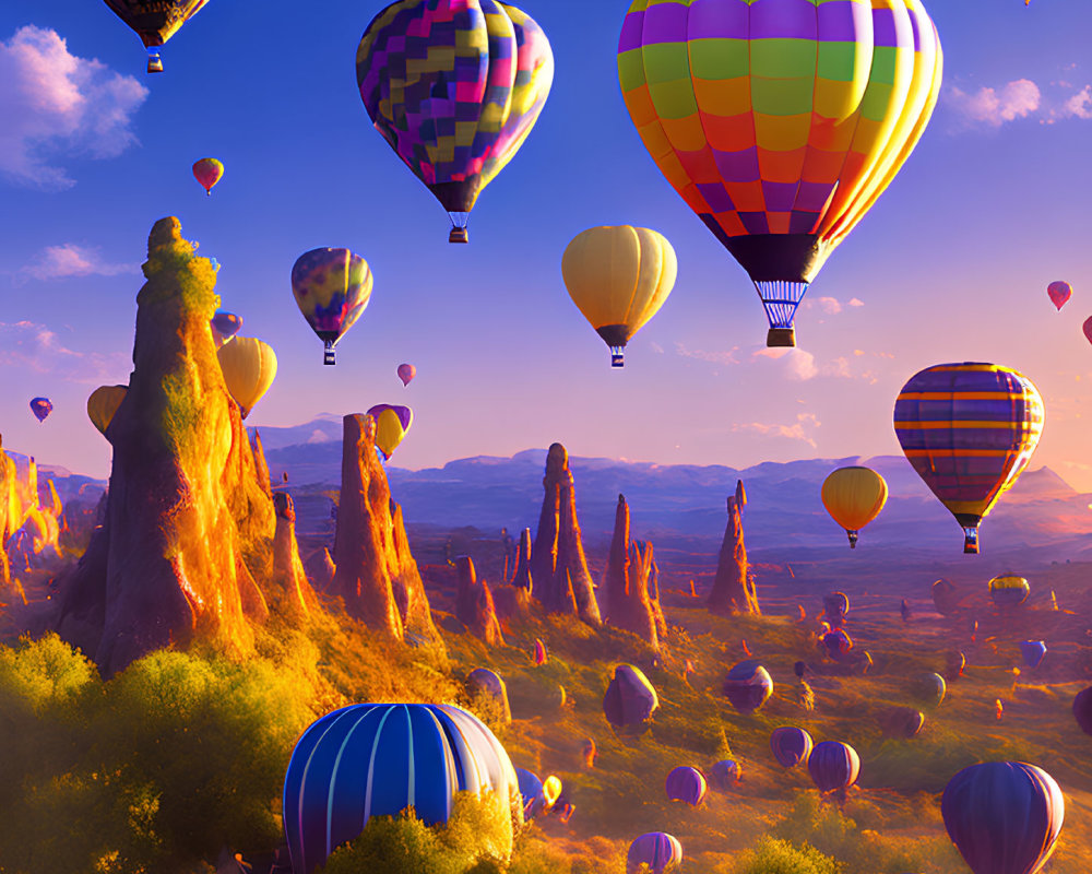 Vibrant hot air balloons over rocky landscape and blue sky