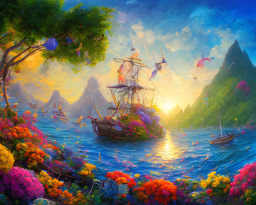 Colorful fantasy landscape with galleon, paragliders, and sunset over islands