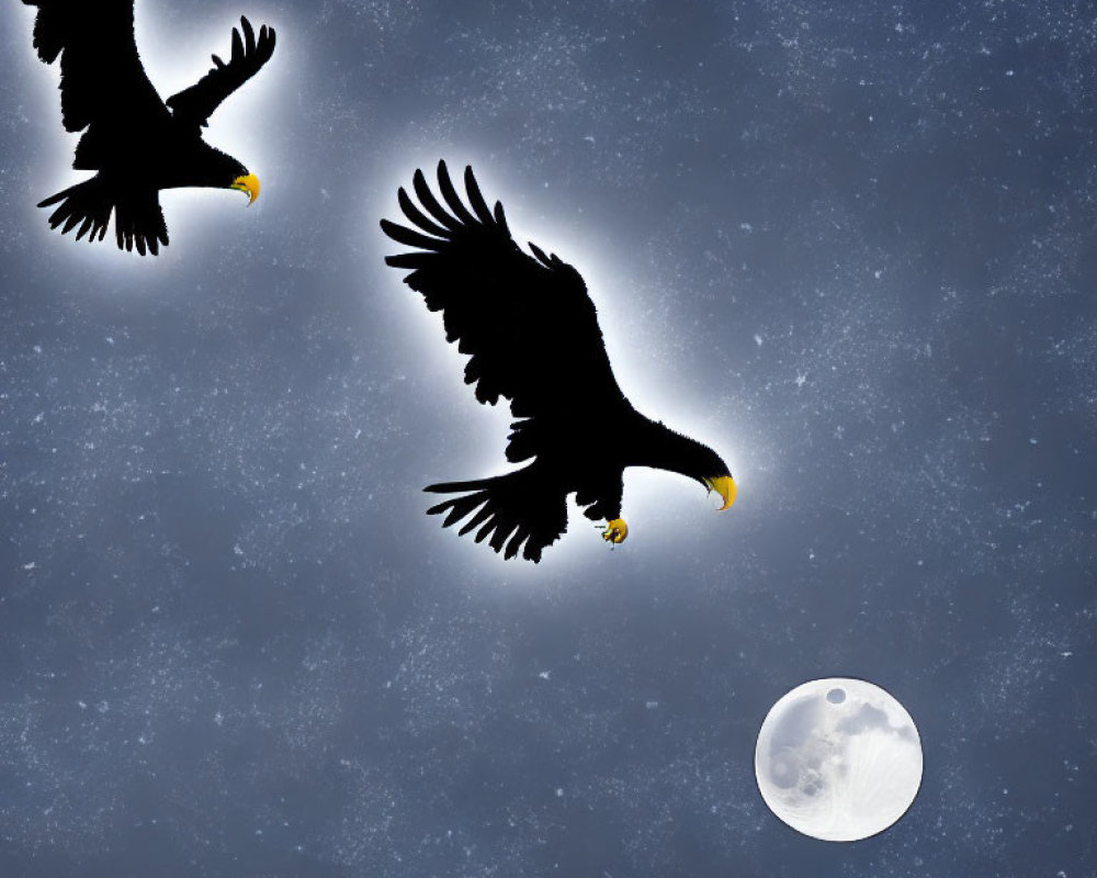 Silhouetted Eagles Flying in Starry Night Sky with Full Moon