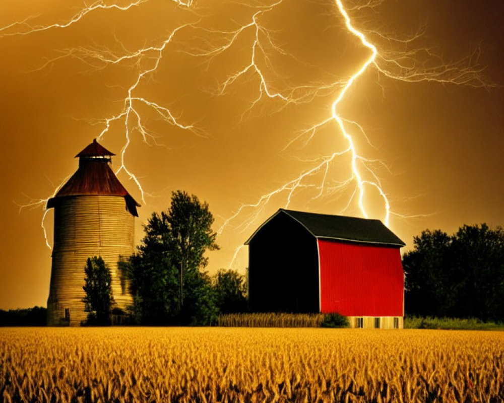 Lightning strikes near red barn in wheat field storm.