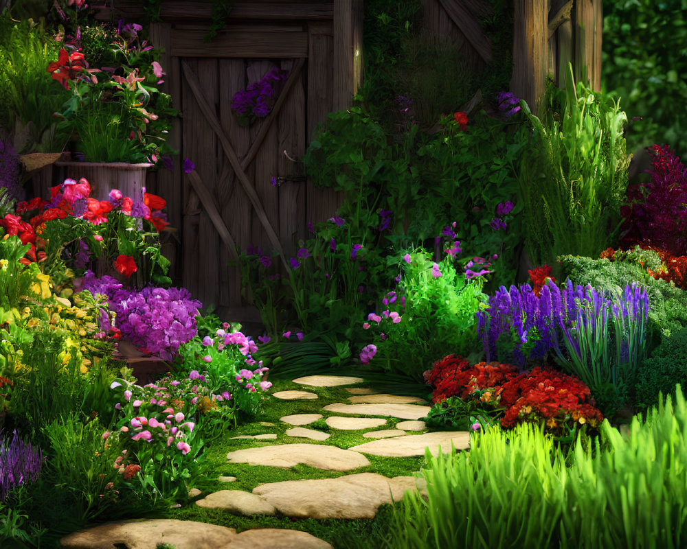 Serene garden scene with stone path, wooden gate, vibrant flowers, and sunlight