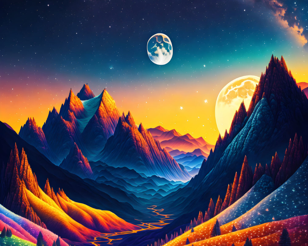 Colorful Dual Moon Landscape with Mountains, River, and Starry Sky