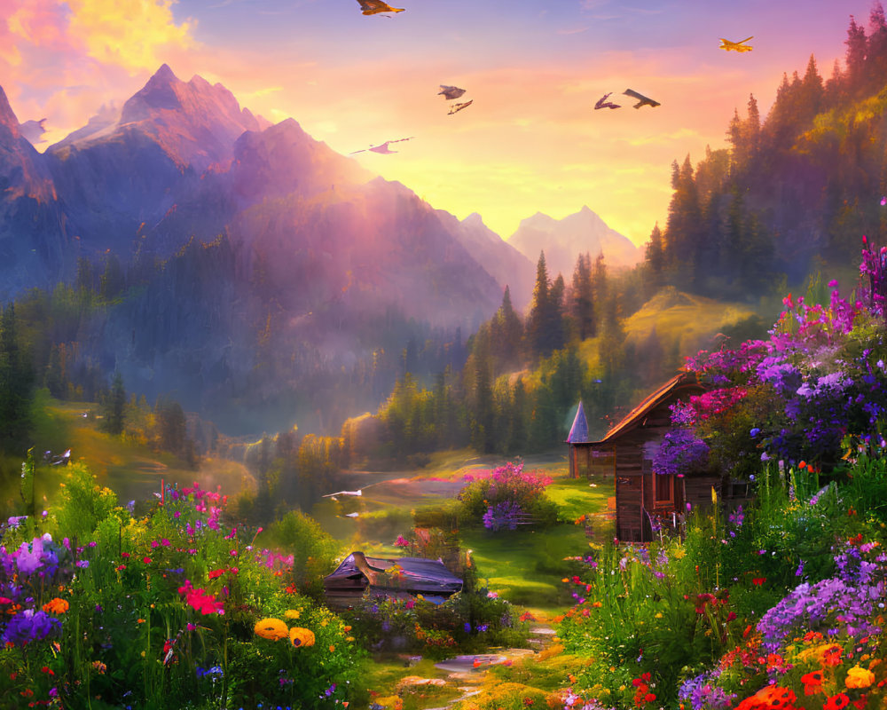 Scenic landscape with wooden cabin, wildflowers, mountains, and birds