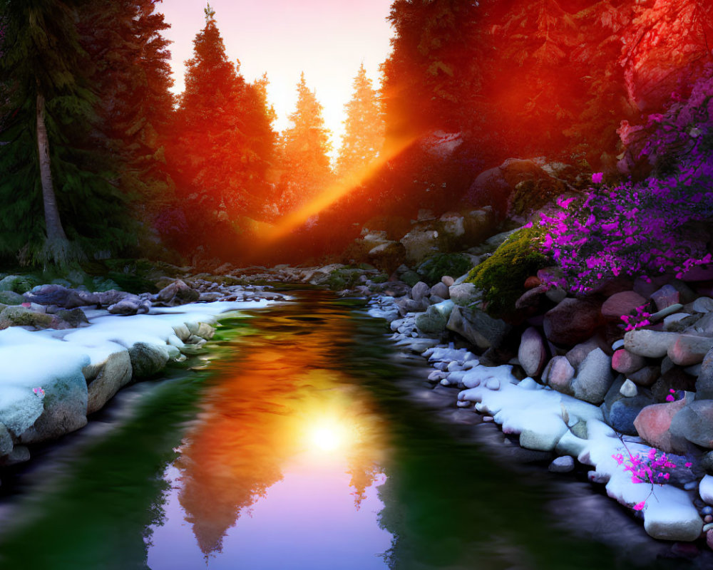 Serene river sunrise with pink trees and snow patches