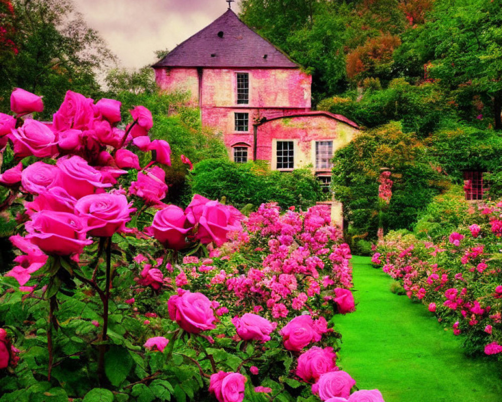 Blooming pink roses in lush garden by old pink house under cloudy sky