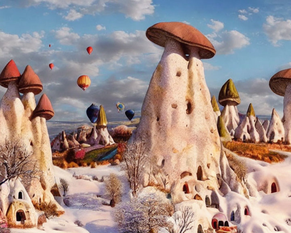 Whimsical mushroom houses in snowy landscape with hot air balloons