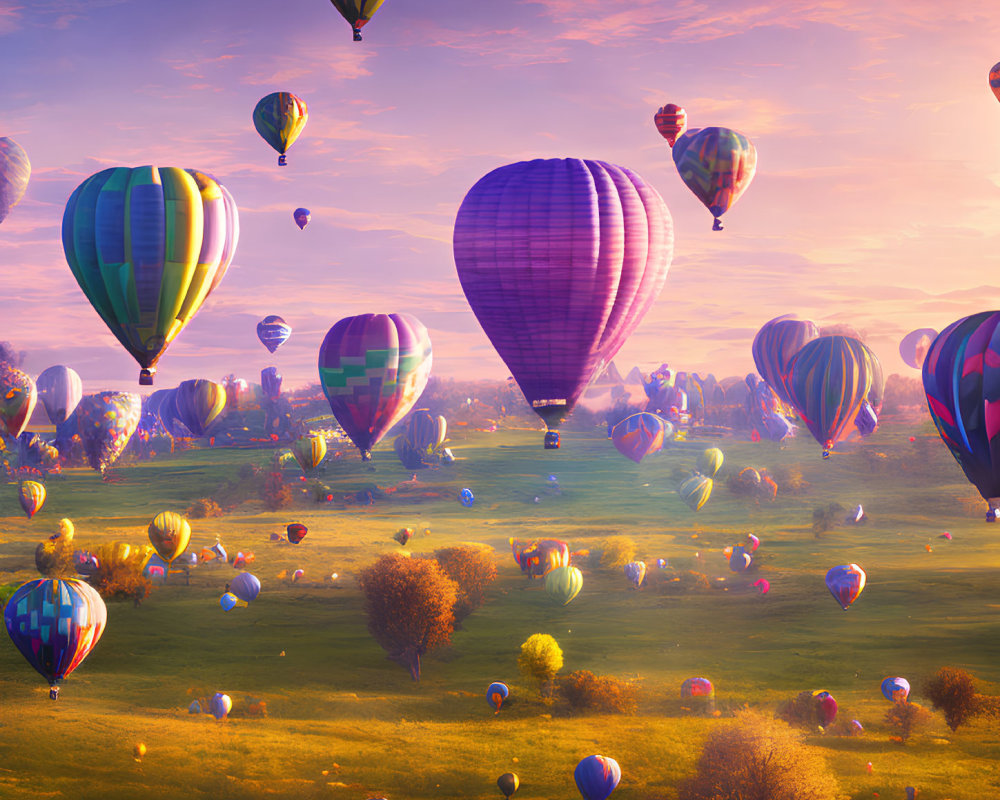 Numerous Hot Air Balloons Float Over Sunset Landscape