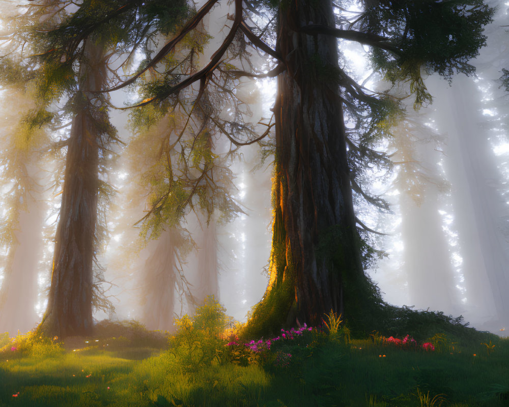 Thick-trunked trees in misty forest with sunlight and colorful flowers