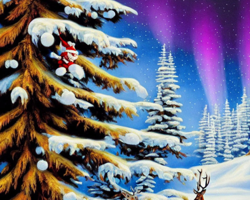 Snowy Winter Scene: Pine Trees, Deer, Starry Sky, Santa Claus