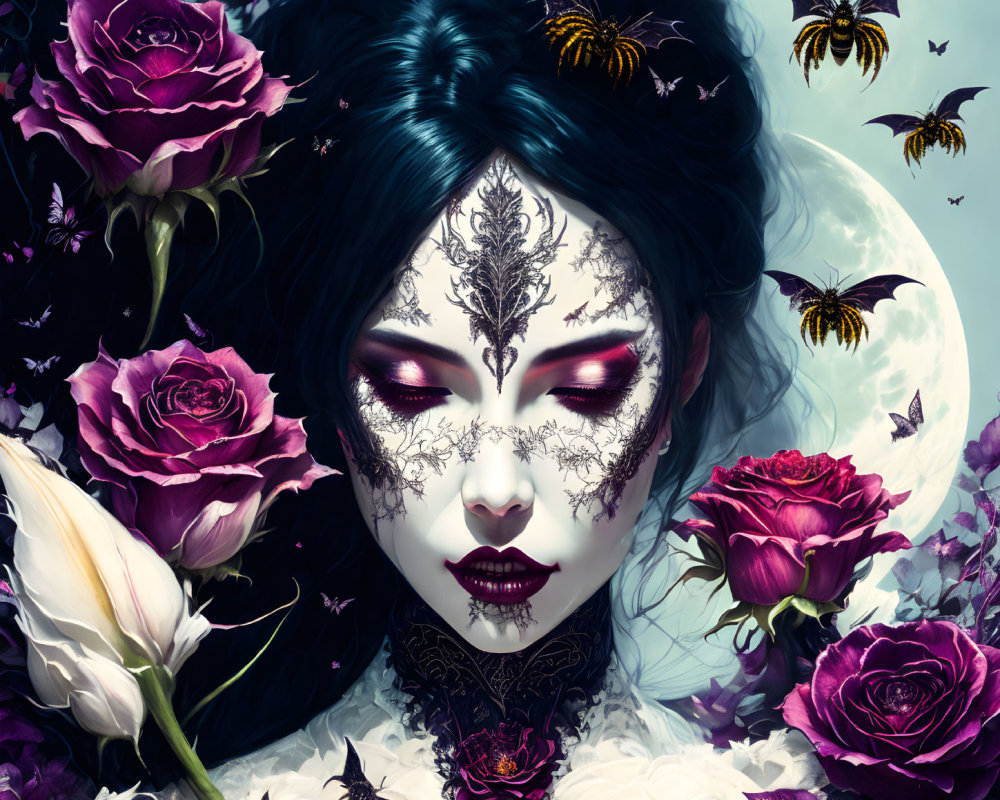 Woman with dark hair and stylized makeup among purple roses and bumblebees in moonlit scene