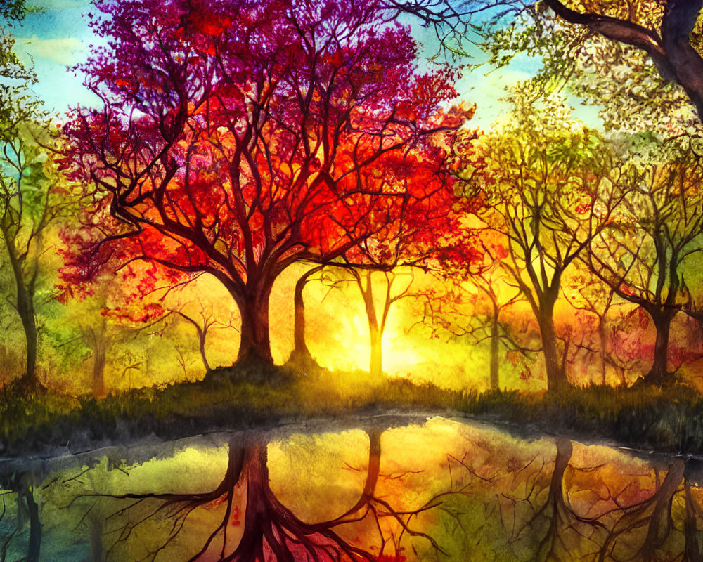 Colorful tree in vibrant forest sunset painting with serene water reflection