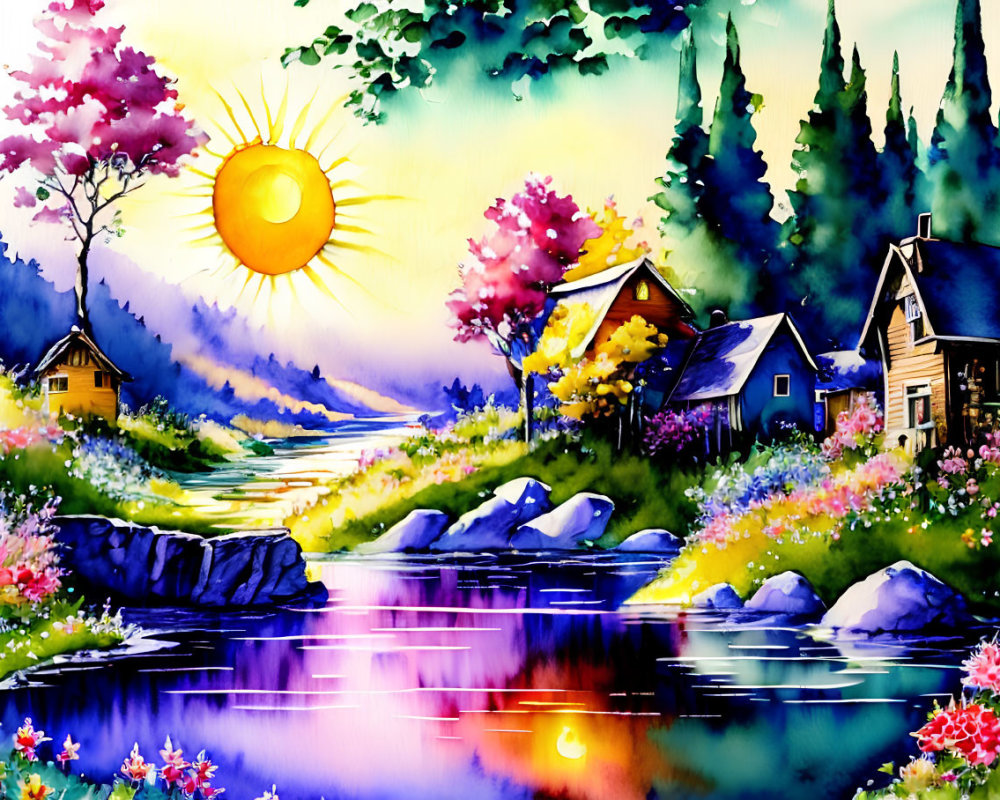 Sunlit Landscape Painting with River, Trees, Houses, and Sunset