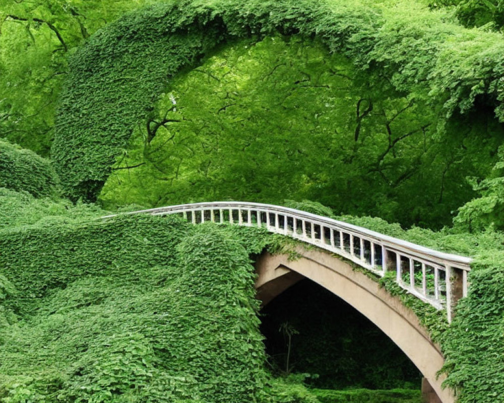 Ivy-covered arch bridge over tranquil waters in vibrant nature